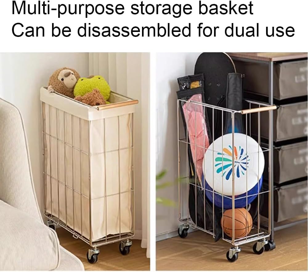 Rolling Laundry Cart with Baskets, Stainless Steel Hamper with Wheels, Slim Laundry Basket Organizer, Foldable Rolling Hamper for Bathroom and Living Room