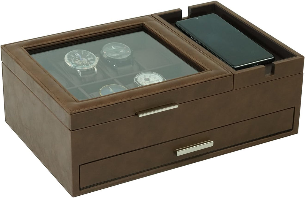 Men's Jewelry Box Organizer - 8 Watch Slots Valet Tray with Drawer for Watch, Phone, Wallet, Ring, Cufflink - Brown