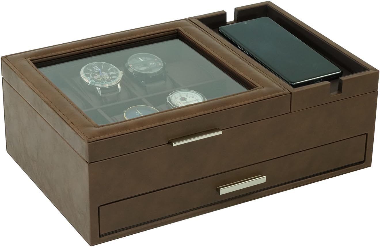 Men's Jewelry Box Organizer - 8 Watch Slots Valet Tray with Drawer for Watch, Phone, Wallet, Ring, Cufflink - Brown