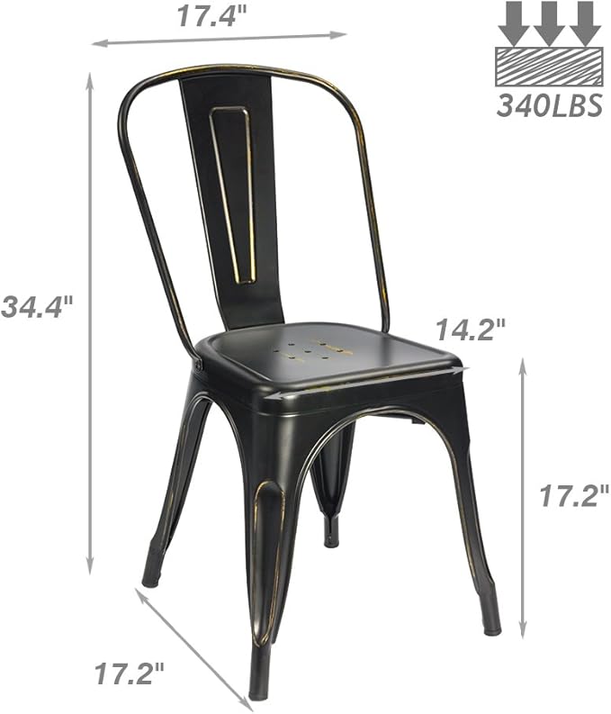 Devoko Metal Indoor-Outdoor Chairs Distressed Style Kitchen Dining Chairs Stackable Side Chairs with Back Set of 4 (Black Gold)
