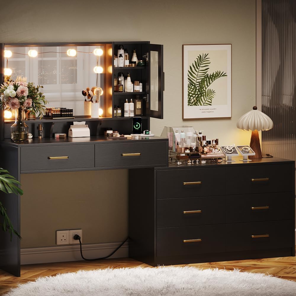 Makeup Desk with Drawers & Cabinet & Dresser, Black Vanity Table with...