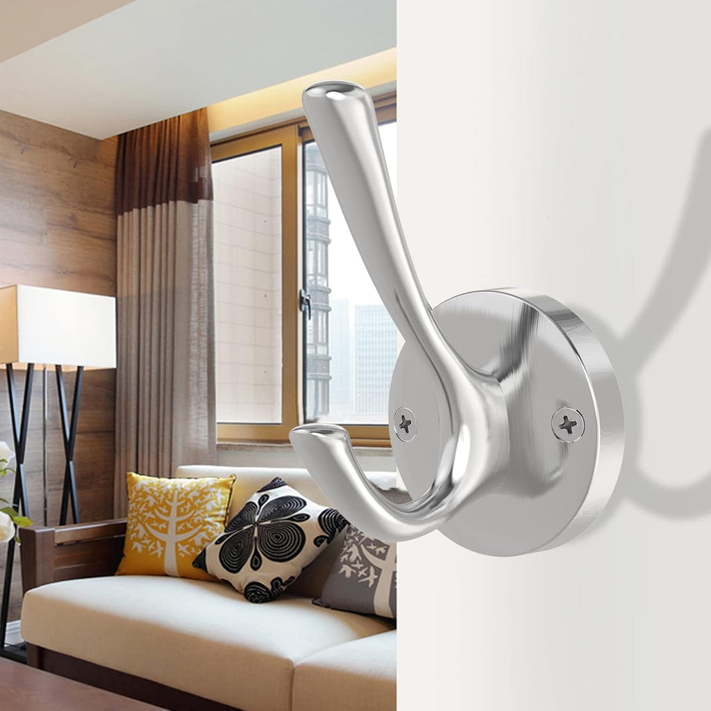 Brushed Nickel Wall Hooks Towel Hooks, 2 Pack Coat Robe Hook Heavy Duty Bathroom Double Hook Wall Mounted, Hand Towel Hooks for Closet Entryway Cubicle Kitchen