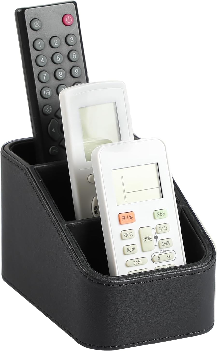 PU Leather Remote Control Holder, Small Desk Organizer Office Supply Bedside Caddy for Nightstand End Table Couch, Pen Remote Organizer with 3 Compartments (Black)