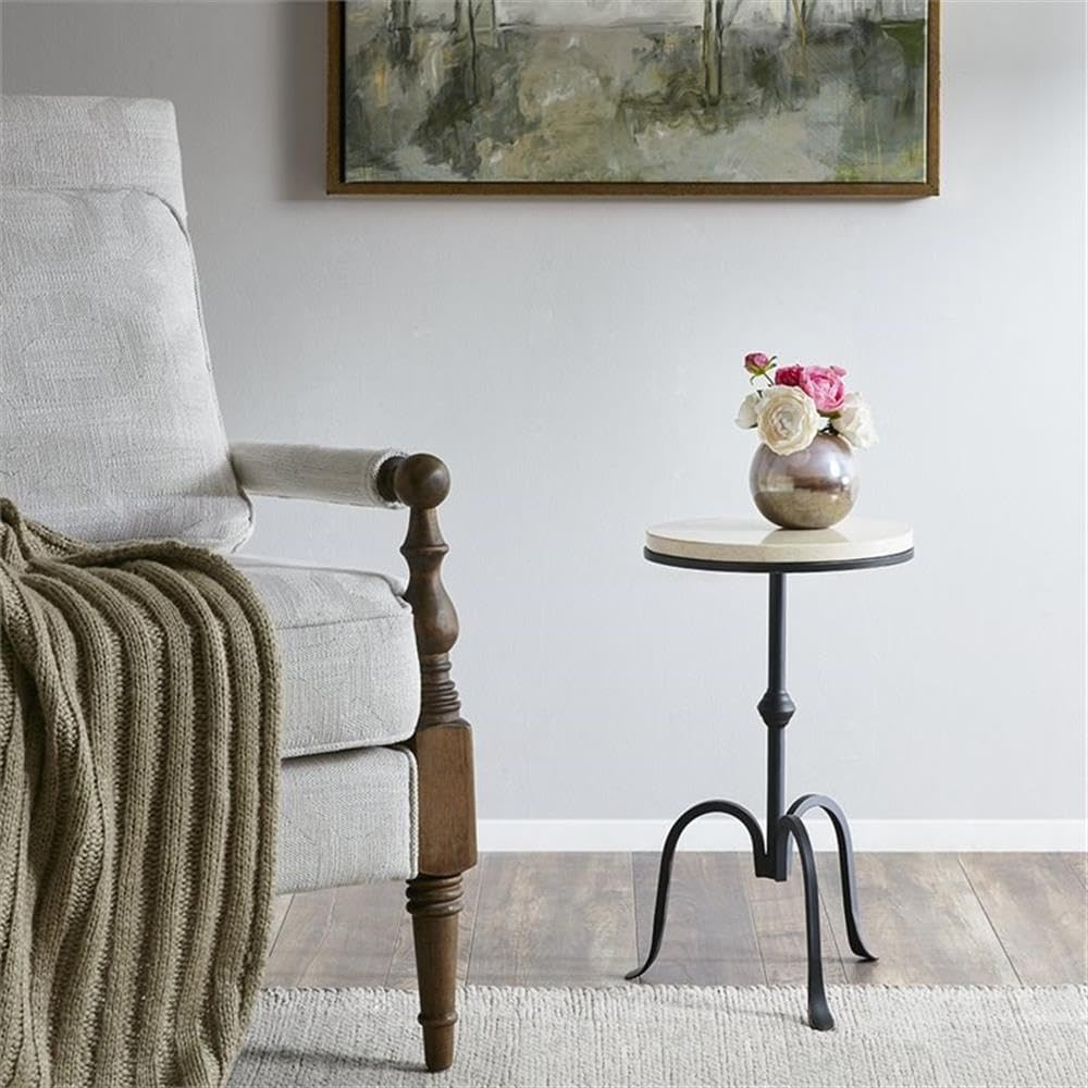Pemberly Row Round Metal and Marble Accent Table, 11.75" Wide, Black Fin...