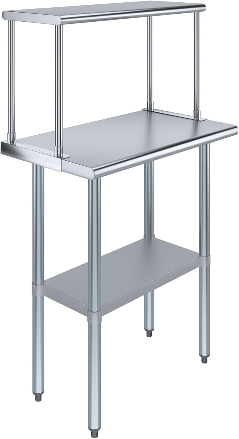 Stainless Steel Work Table with Wide Single Tier Overshelf | Metal Kitchen Prep Table & Shelving Combo (18" x 30" Work Table + 12" Overshelf)