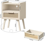 Lerliuo Rattan Nightstand with Charging Station, Side Table with Drawer Open Shelf, Cane Accent Bedside End Table with Solid Wood Legs, Night Stand for Bedroom, Dorm and Small Spaces (Grey White)