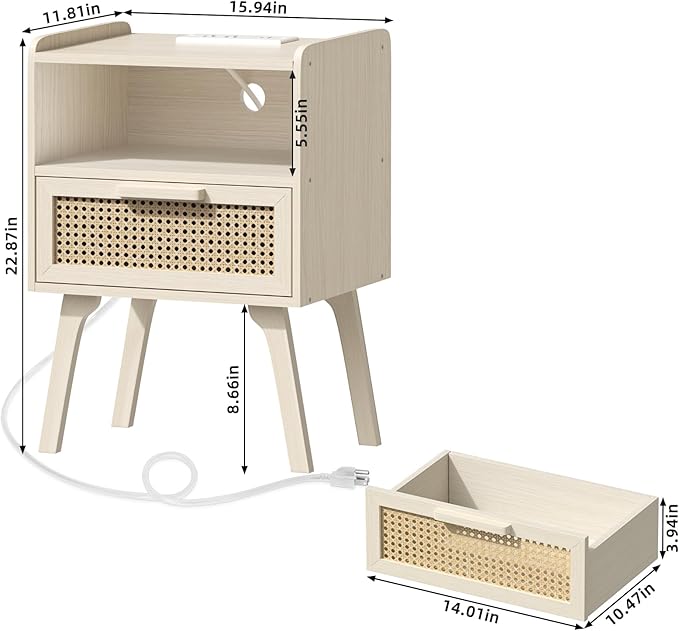 Lerliuo Rattan Nightstands Set of 2 with Charging Station, Side Table with Dr...