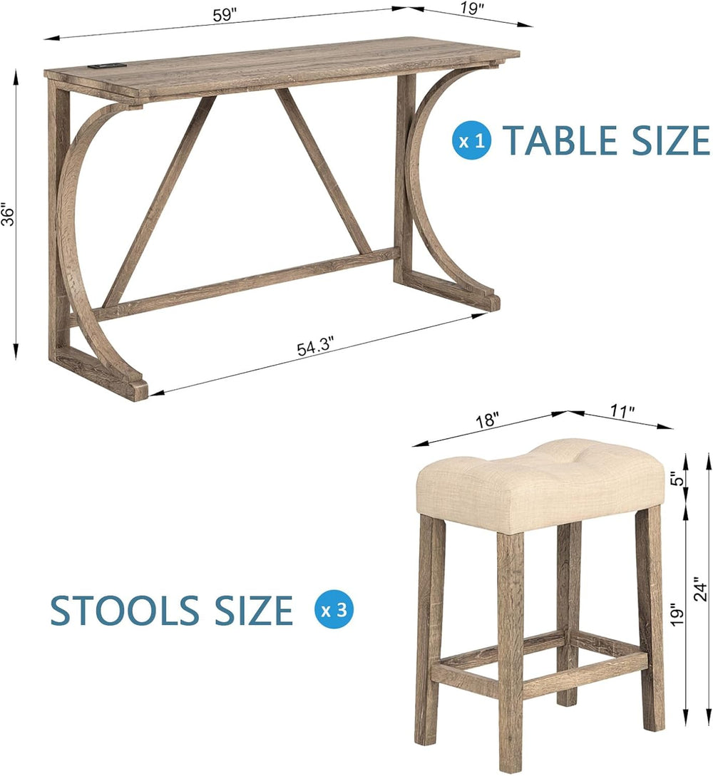 Holaki Bar Table and Chairs Set,4 Piece Console Table with Power Outlet, Coun...