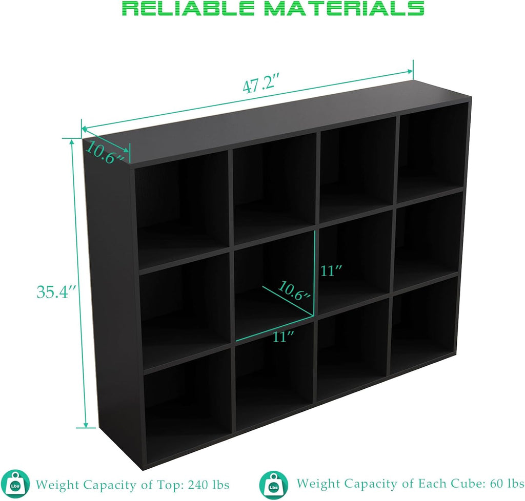 12-Cube Storage Shelf Bookcase - Wooden 3-Tier Floor Standing Open Bookshelf for Home and Office, Display Cabinet, Black