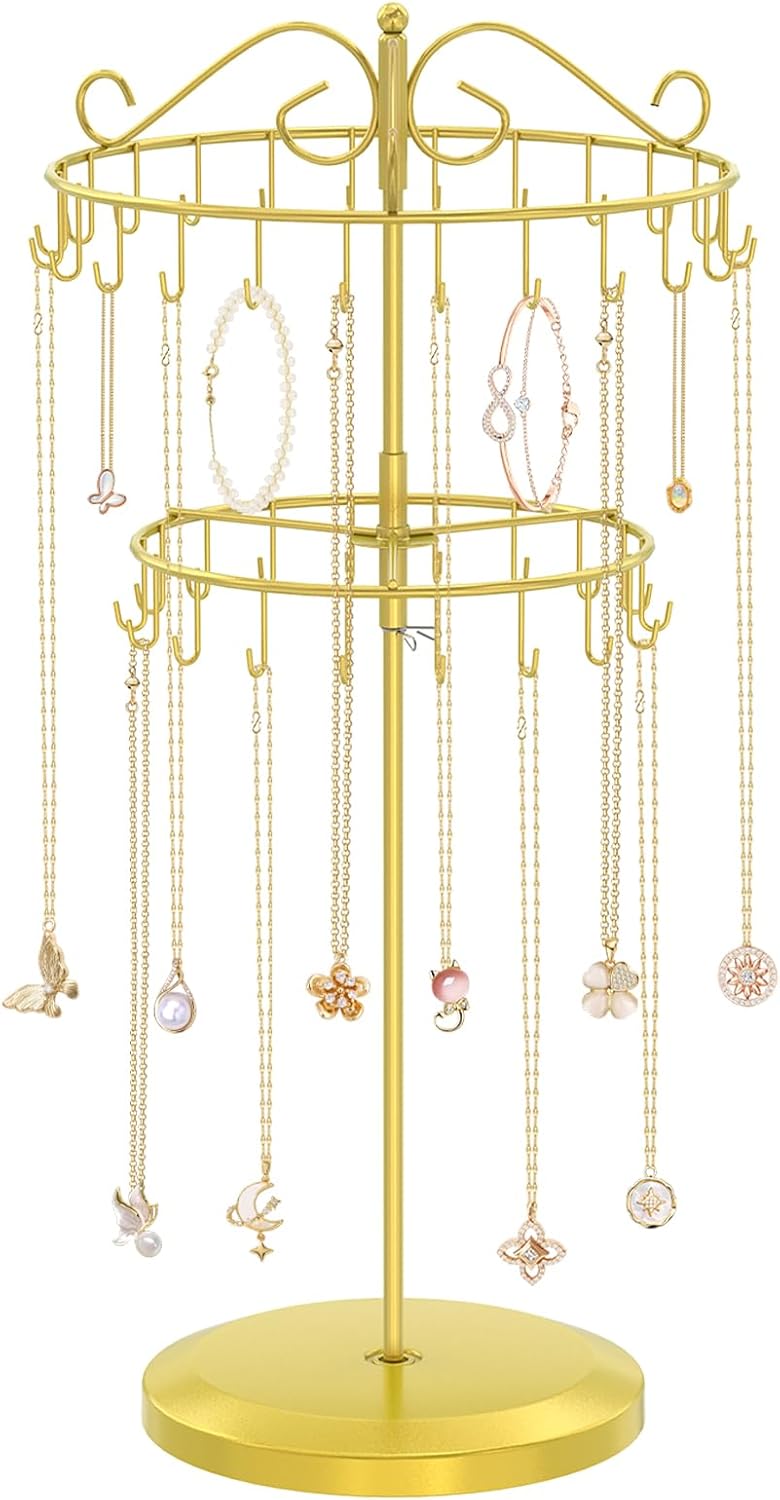 iDavosic.ly 2 Tier Rotating Necklace Holder Organizer with 42 Hooks, Adjustable Metal Bracelet Display Stand Rack, Extra Tall Keychain Spinning Tree Tower for Women, Gold