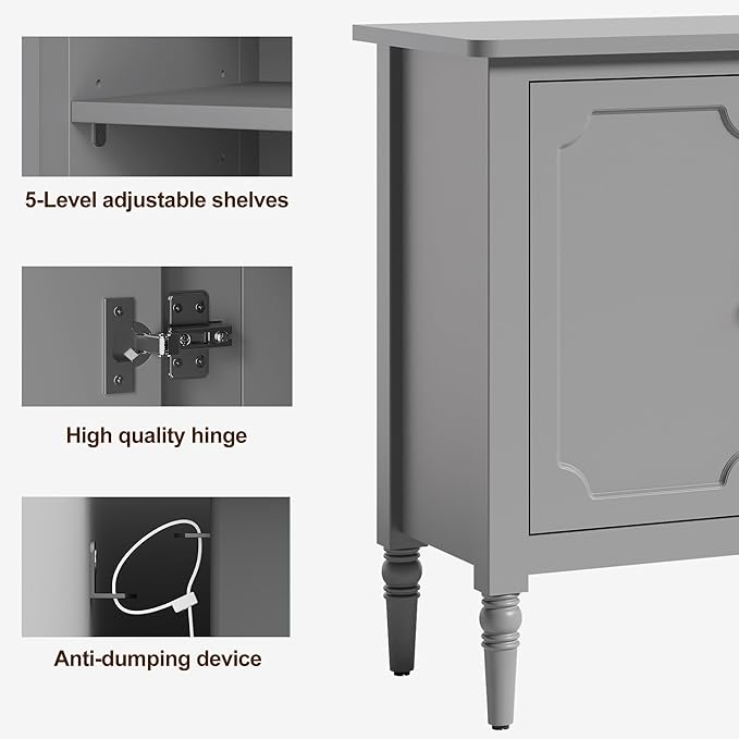 RoyalCraft 59" Buffet Cabinet with Storage, Vintage Sideboard with Adjustable Shelves & Carved Handle, Mid Century Modern Painted Credenza Coffee Bar for Kitchen, Dining Room, Dove Gray
