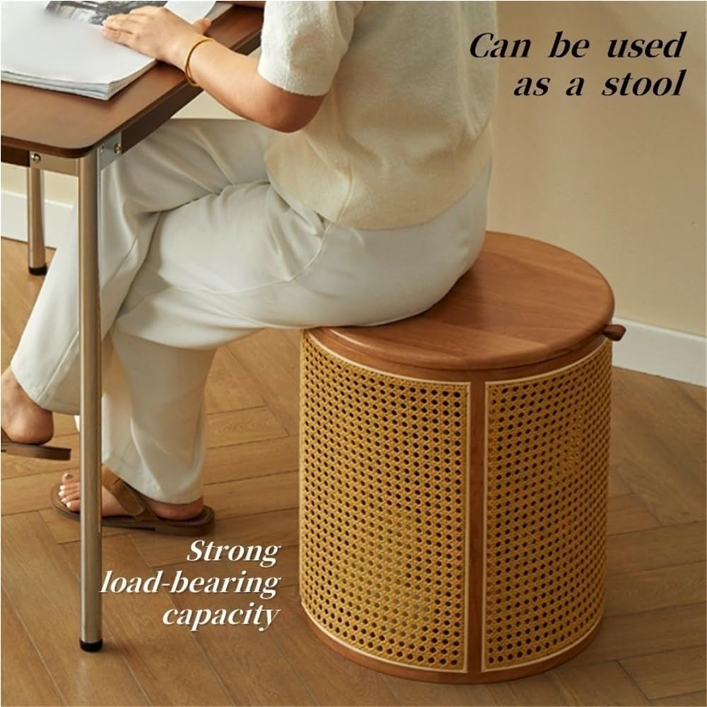 Simple Wood Side Table Handmade Round Storage Small Imitation Woven Rattan So...