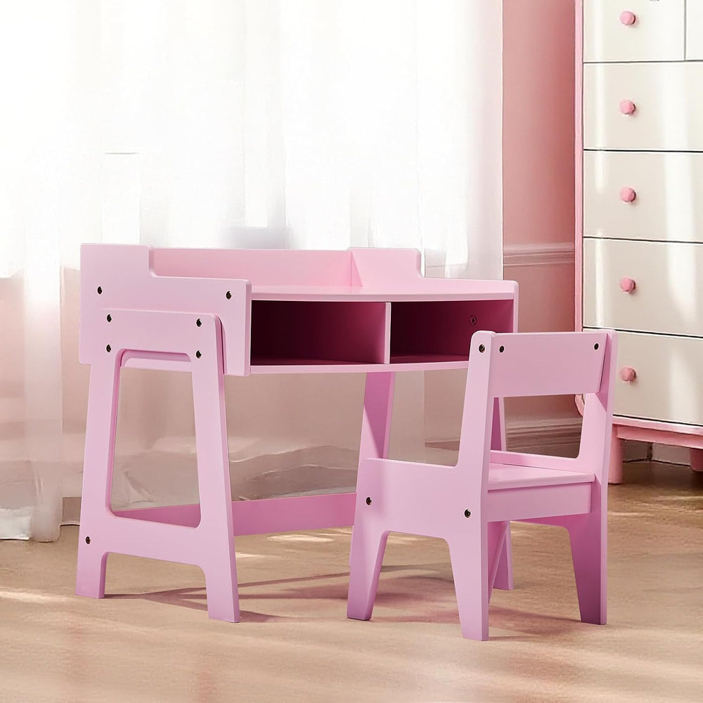 Desk and Chair Set with Storage Bins, Wooden Study Table, Writing Desk for Be...