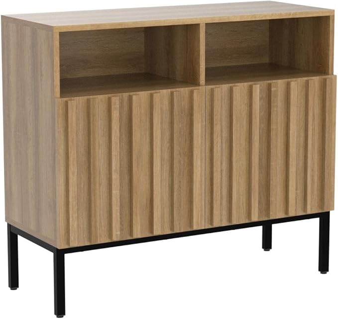 mopio Norwin Storage Cabinet, Sturdy Modern Rustic Industrial Buffet Sideboard, Fluted Accent Storage Cabinets, Credenza, Oak Wood TV Stand, Entertainment Center, Media Console, Living Room (Double)