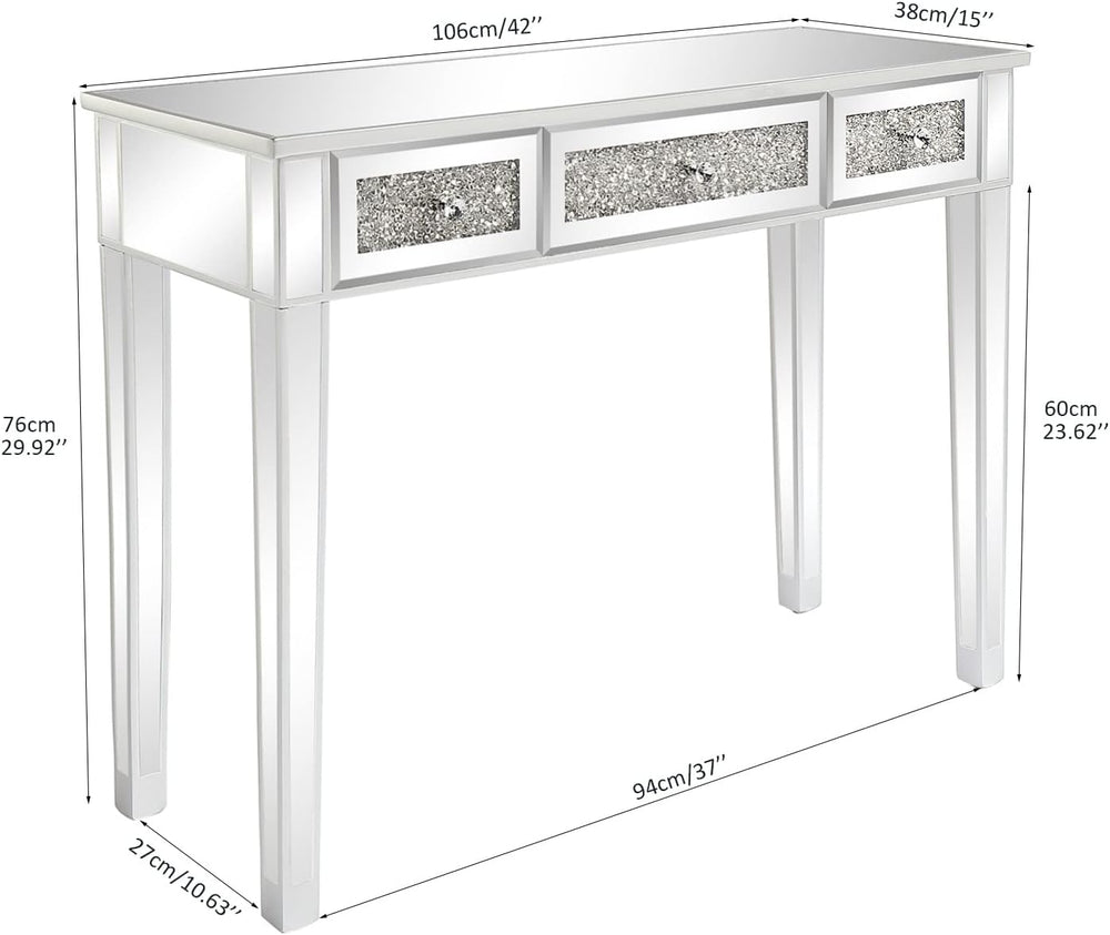 VINGLI Silver Mirrored Vanity Desk, Makeup Vanity Desk, Glass Desk with 3 Dra...