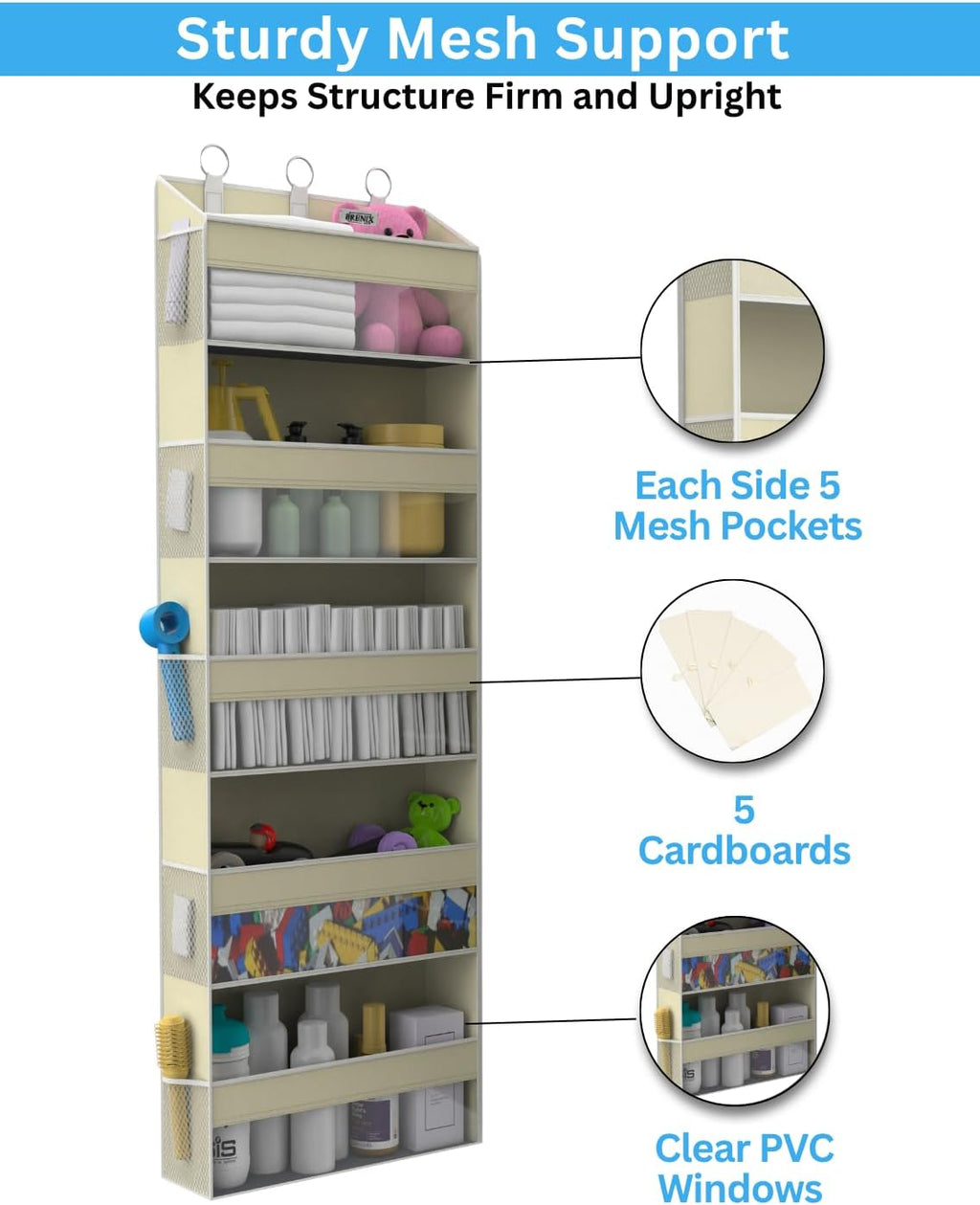 Over the Door Organizer with 5 Large Pockets & 10 Mesh Side Pockets – Durable Hanging Storage for Closet, Bathroom, Bedroom, and Nursery– Space Saving Door Storage with Sturdy Metal Hooks.