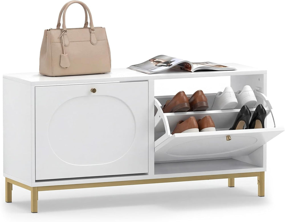 GOFLAME Shoe Storage Bench, Narrow Entryway Bench with 2 Flip Drawers, Adjust...