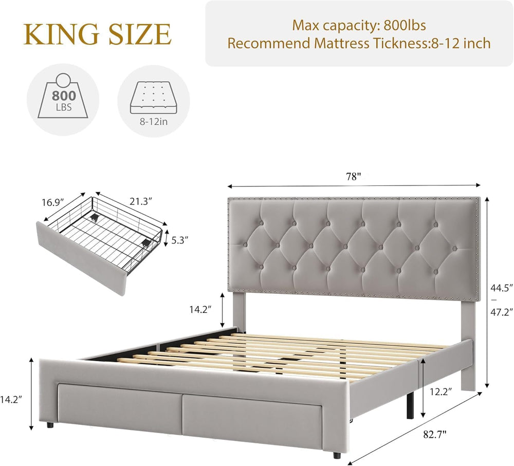 GarveeLife King Size Velvet Upholstered Bed Frame, 2 Storage Drawers with Smo...