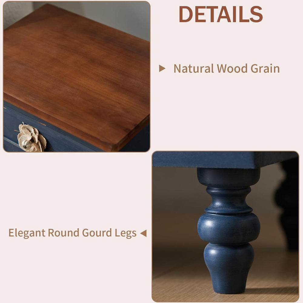 Vintage Farmhouse End Table with Floral Knobs – 19" Rustic Nightstand wi...