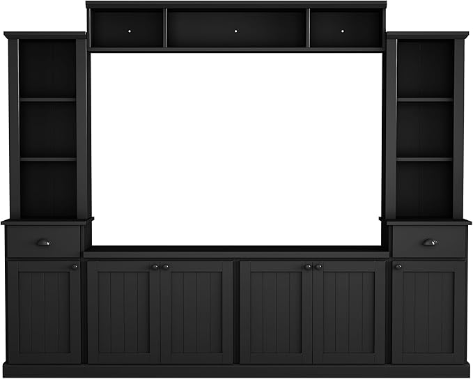 Merax Minimalist 103" Entertainment Wall Unit Set with Overhead Bridge for TVs Up to 75", Modern Large Media Console with Adjustable Shelves, Ample Storage Cabinets & Drawers for Living Room, Black