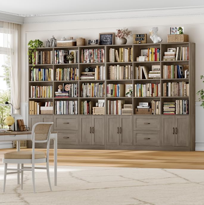 HOSTACK 71" Tall Triple Wide Bookshelf with Storage Drawers & Doors,...
