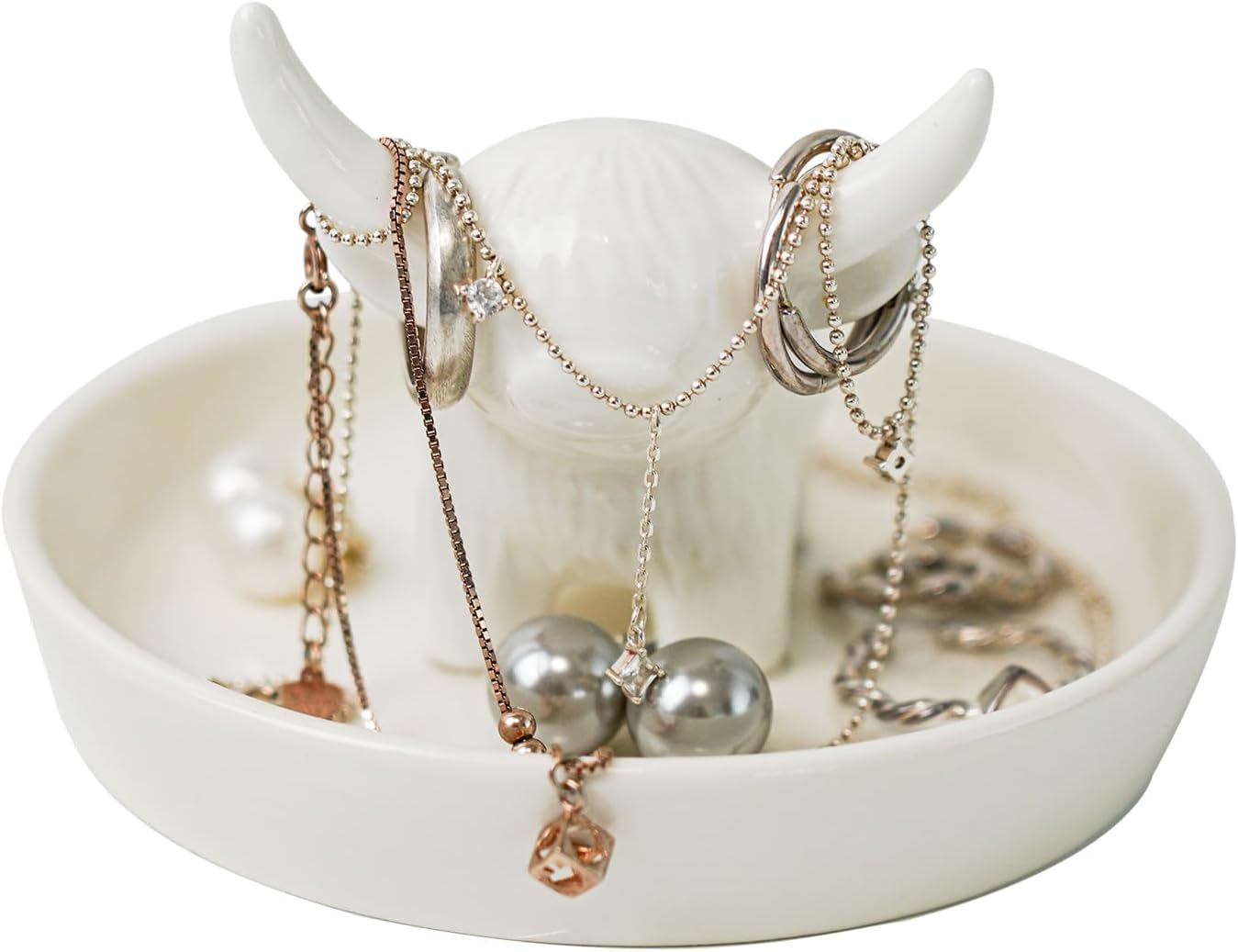 YOBRO Ceramic Highland Cow Ring Holder with Circular Tray, Farmhouse & Bohemian Style - Cute Unique Women Gifts, Jewelry Plate Organizer for Bathroom, Office, Home, Desk Decor