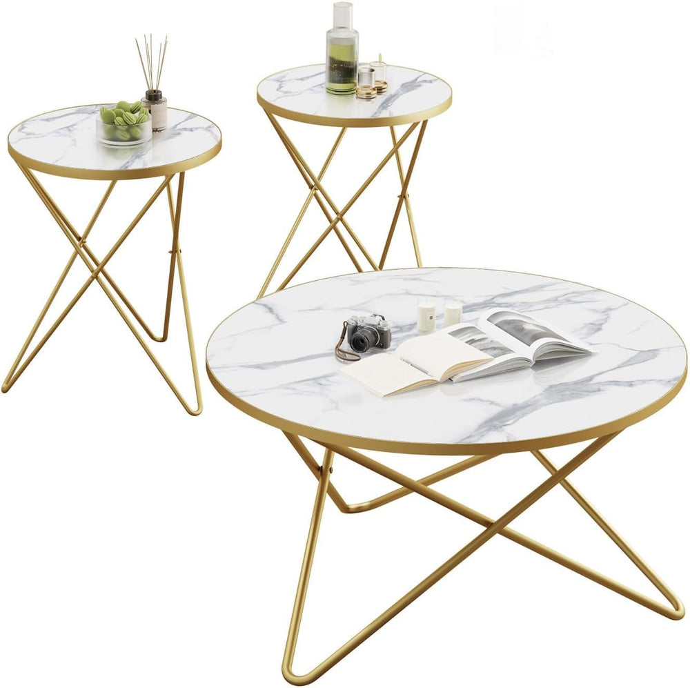HLR Modern Round Coffee Table and Side Table Set of 3,End Table with Faux Mar...