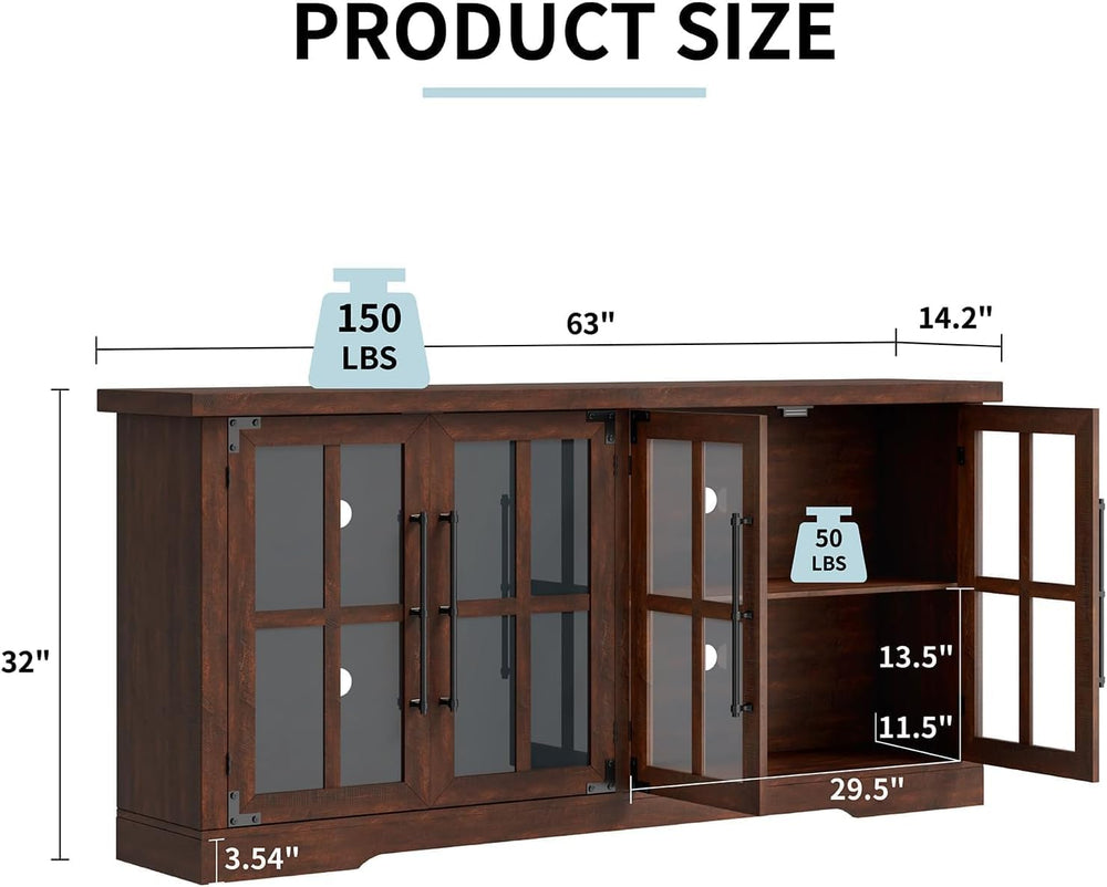 LUXOAK 63" Farmhouse TV Stand with 4 Glass Doors and Storage, Espresso |...