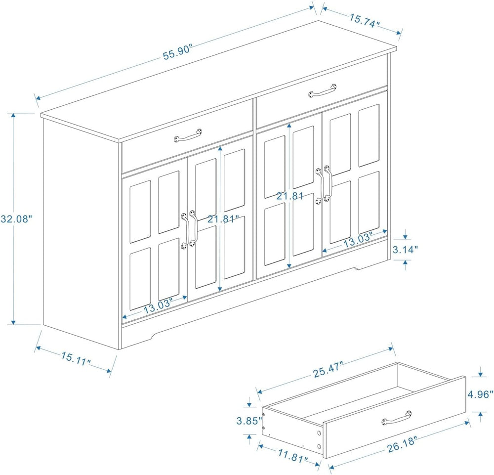 Large Farmhouse Buffet Cabinet Storage Sideboard, with 2 Drawers and 4 Doors,...