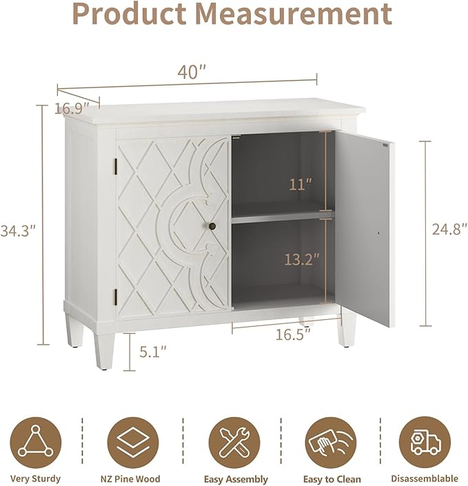 Karlott 40" Entryway Cabinet, Coffee Bar Cabinet with Shelf, Craft Storage Cabinet with Doors, Charming Carved Motif, Pantry Cabinet Sideboard Buffet for Living Room Kitchen Dining Room Hallway, White