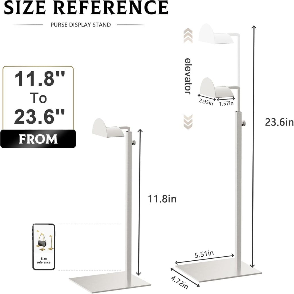 Purse Display Stand Adjustable Height Silver Purse Rack for Handbags Necklaces Scarves Hats & Headphones 14" - 24" Purse Hanger Shelf for Retail Display