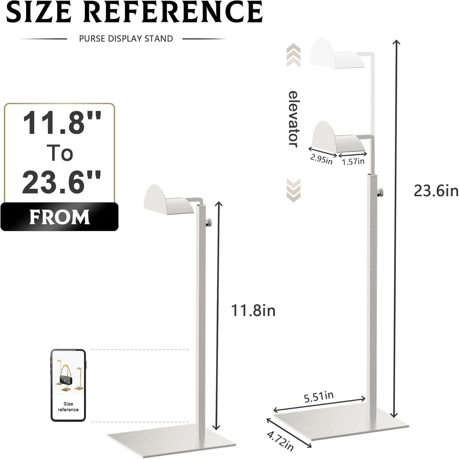 Purse Display Stand Adjustable Height Silver Purse Rack for Handbags Necklaces Scarves Hats & Headphones 14" - 24" Purse Hanger Shelf for Retail Display