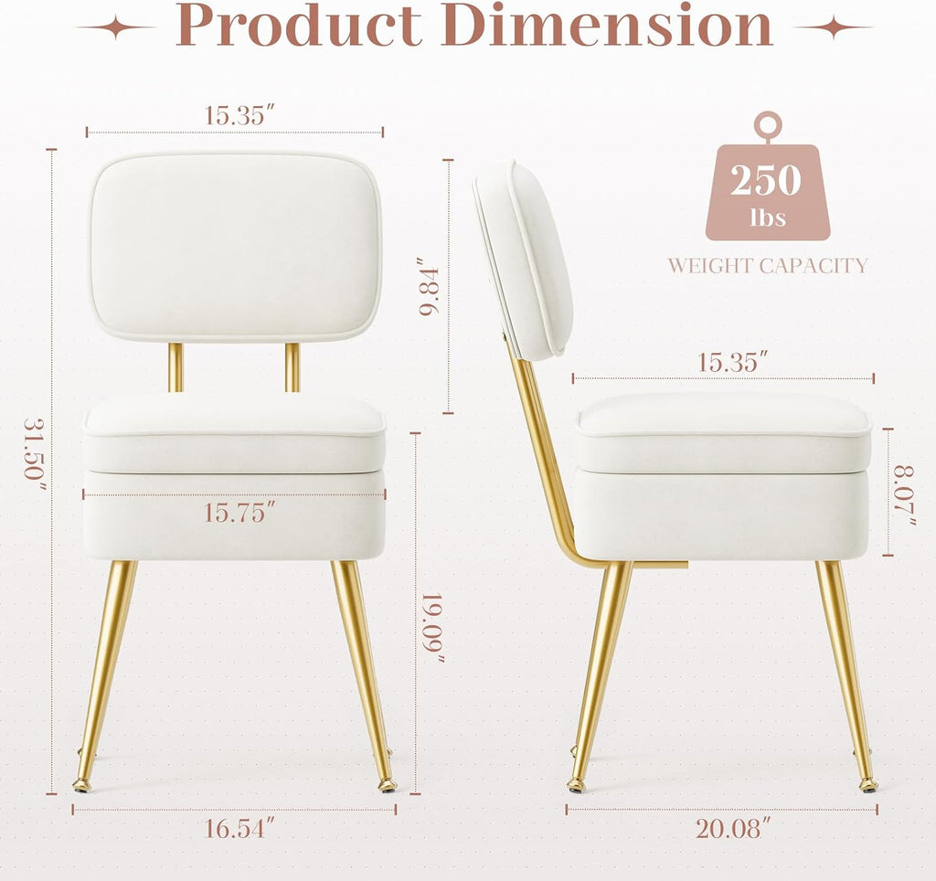 MALOL Velvet Makeup Vanity Chair with Storage and Back, Cute No Wheels Vanity Stool Ottoman with Golden Metal Legs for Bedroom Dressing Closet, Beige