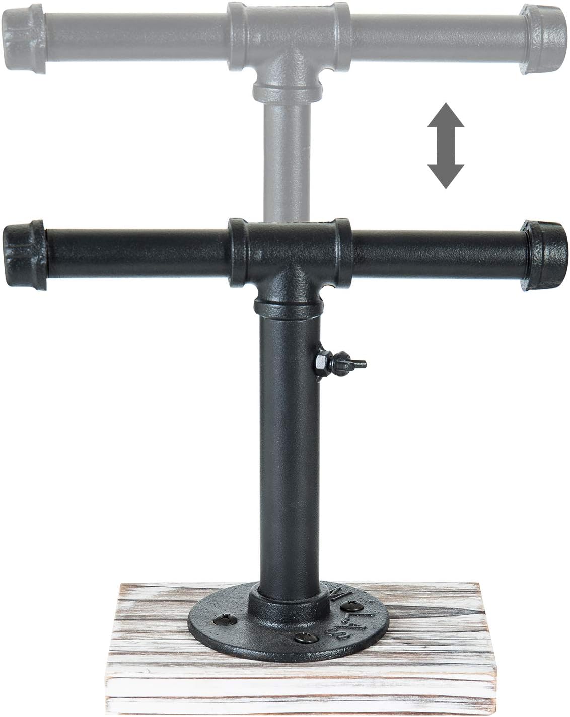 MyGift Industrial Pipe Black Metal T-Bar Adjustable Height Jewelry, Bracelet & Necklace Display Stand with Torched Wood Base