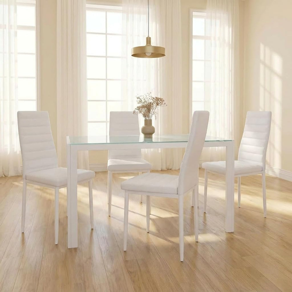 Gizoon White 5 Piece Glass Dining Table Set, Kitchen Table and Chairs for 4