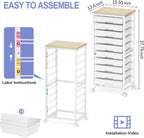 Rolling Cart with Drawers,10 Drawer Rolling Cart,Storage Cart with Wheels,Utility Cart with Drawers,Teacher Cart for Classroom Storage,Craft Cart with Wheels and Wooden Tabletop,White