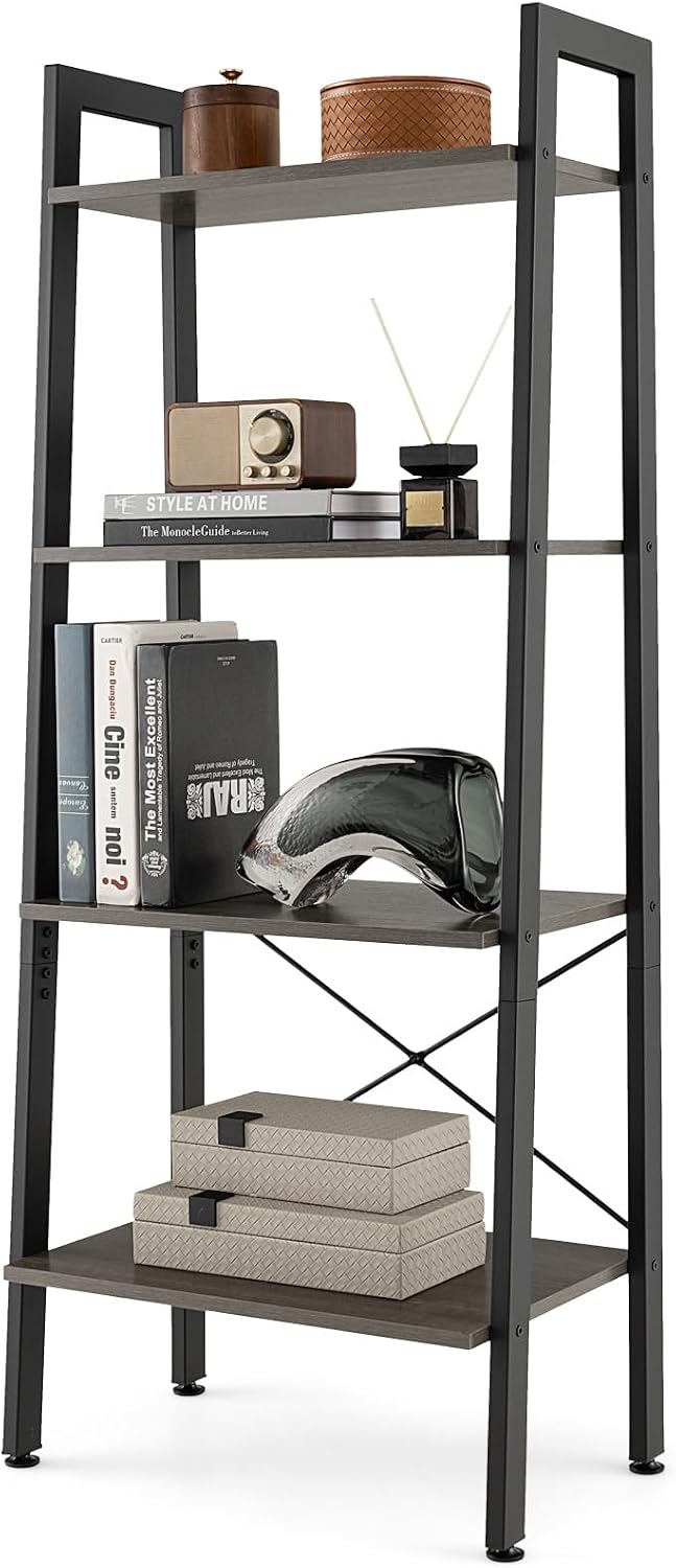 Giantex Ladder Shelf 4-Tier Industrial Bookshelf Storage Rack Shelves for Home and Office Use, Wooden Display Rack with Metal Frame (Gray)