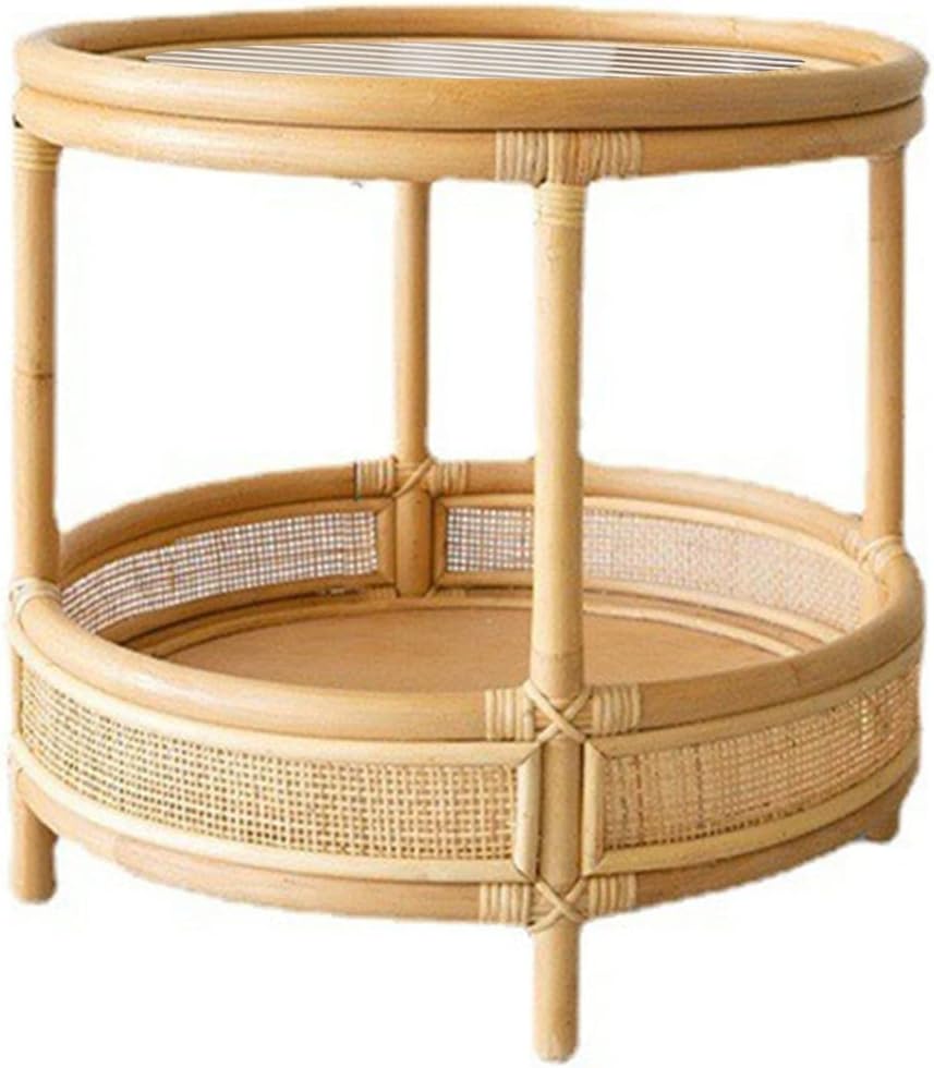 Mlaea Double-Layer Round Rattan Surface/Glass Surface Small Table, Living Roo...