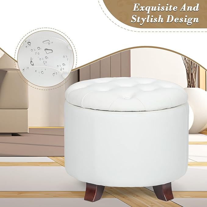 Athena Collection 20 Inch Small Ottoman with Storage, Round PU Leather Storage Ottoman with Removable Lid, Stylish Footstool Foot Rest for Living Room, Bedroom, Dorm, White