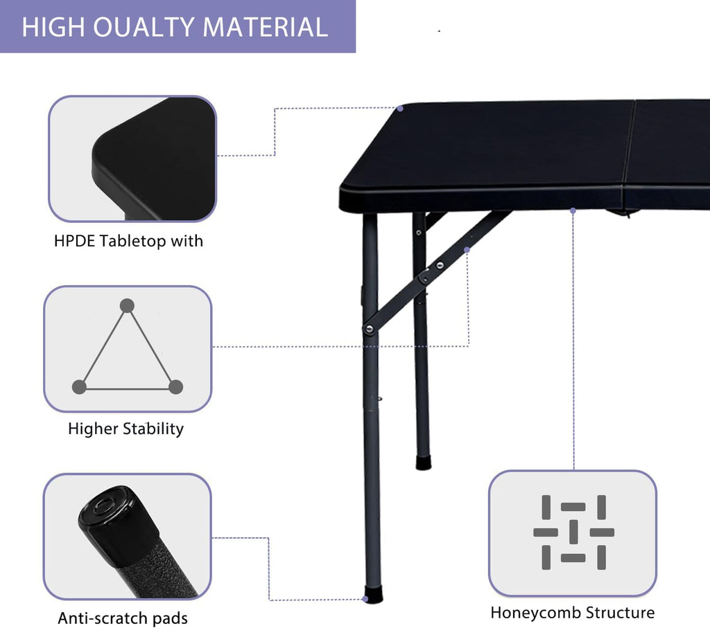 34" Folding Card Table,Square Portable Heavy Duty Plastic Game Table,Black | Portable Desig,Save Space,HDPE Top,Carrying Handle,Removable Legs,Indoor Outdoor Use for Study,Homework,Picnic,Camping, Party