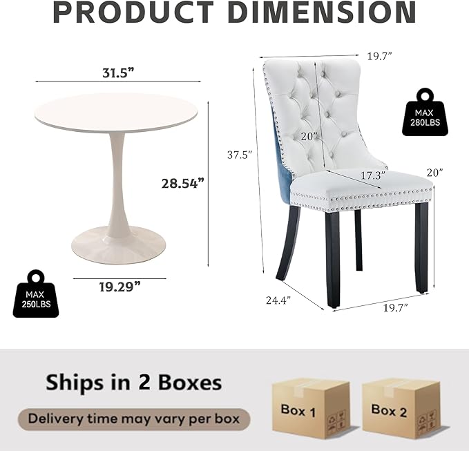 3-Pieces 31.5" Round Dining Table Set for 2, White Dining Table & PU & Velvet Upholstered Dining Chairs Set of 2 for Kitchen Dining Room Apartment Small Space(Blue & White Chairs)