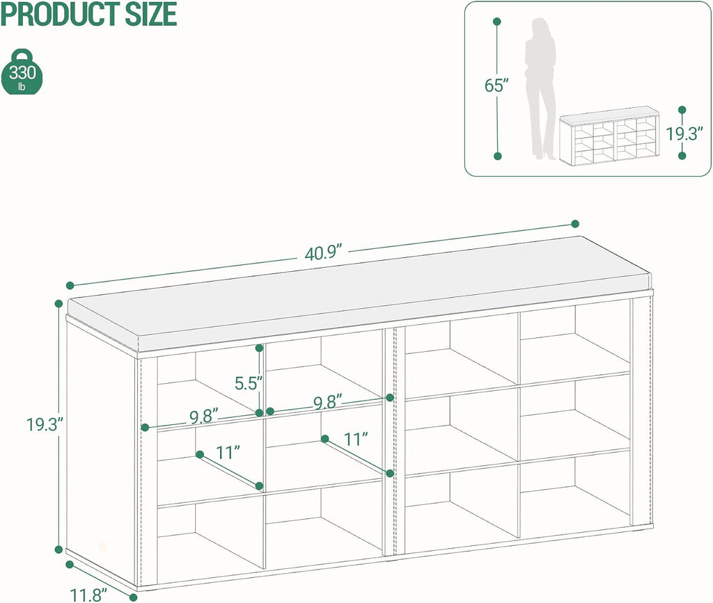 Hzuaneri Shoe Storage Bench with Cushion, Entryway 12-Cubby Shoe Rack | multifunction shoe organizer cabinet with adjustable shelves for hallway, bedroom, living room, Black SB19004GY