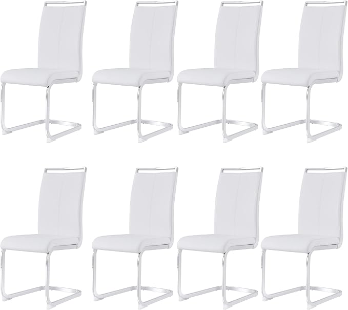 AZmac Modern Leather Dining Chairs Set of 8,Armless Kitchen Chairs,Dining Room Chairs with Upholstered Padded Seat and Sturdy Chrome Legs for Dining Room,Kitchen (Set of 8, White+PU Leather)