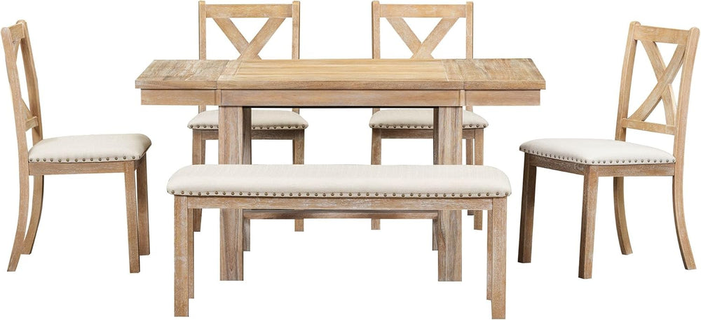 Merax 6-Piece Farmhouse Dining Table with Upholstered Chairs and Bench, Exten...