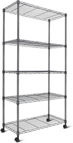 Whitmor 5 Tier Shelving Unit, Adjustable Storage Shelves with Wheels, 400 lbs Capacity per Shelf, Max 2000 lbs Total for Pantry, Kitchen, Garage, 30" L x 14" W x 60" H, Black