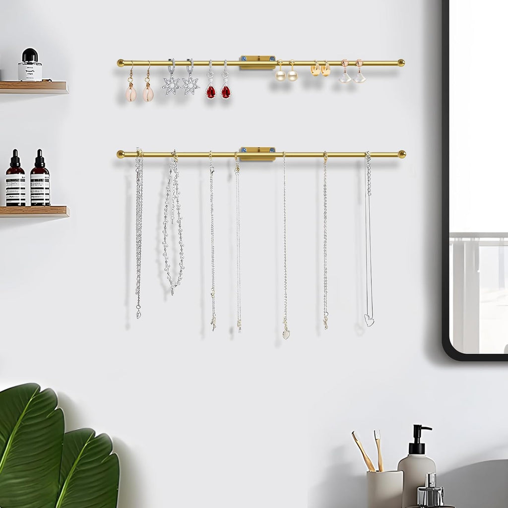 2-Pack Wall Hanging Jewelry Organizer, 14.5" Necklace Holder, Gold | For earrings, rings, bracelets, hairbands, glasses, space saving wall display, screws included