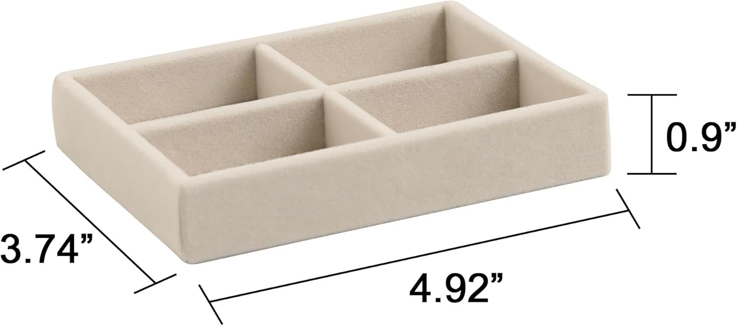Frebeauty Small Jewelry Tray Set,Stackable Velvet Jewelry Organizer Tray,Mini Jewelry Drawer Organizer,Drawer Inserts,4.92 x 3.74 x 0.9 Inches,4 Grid Earring Organizer for Women(Set 2,Beige)