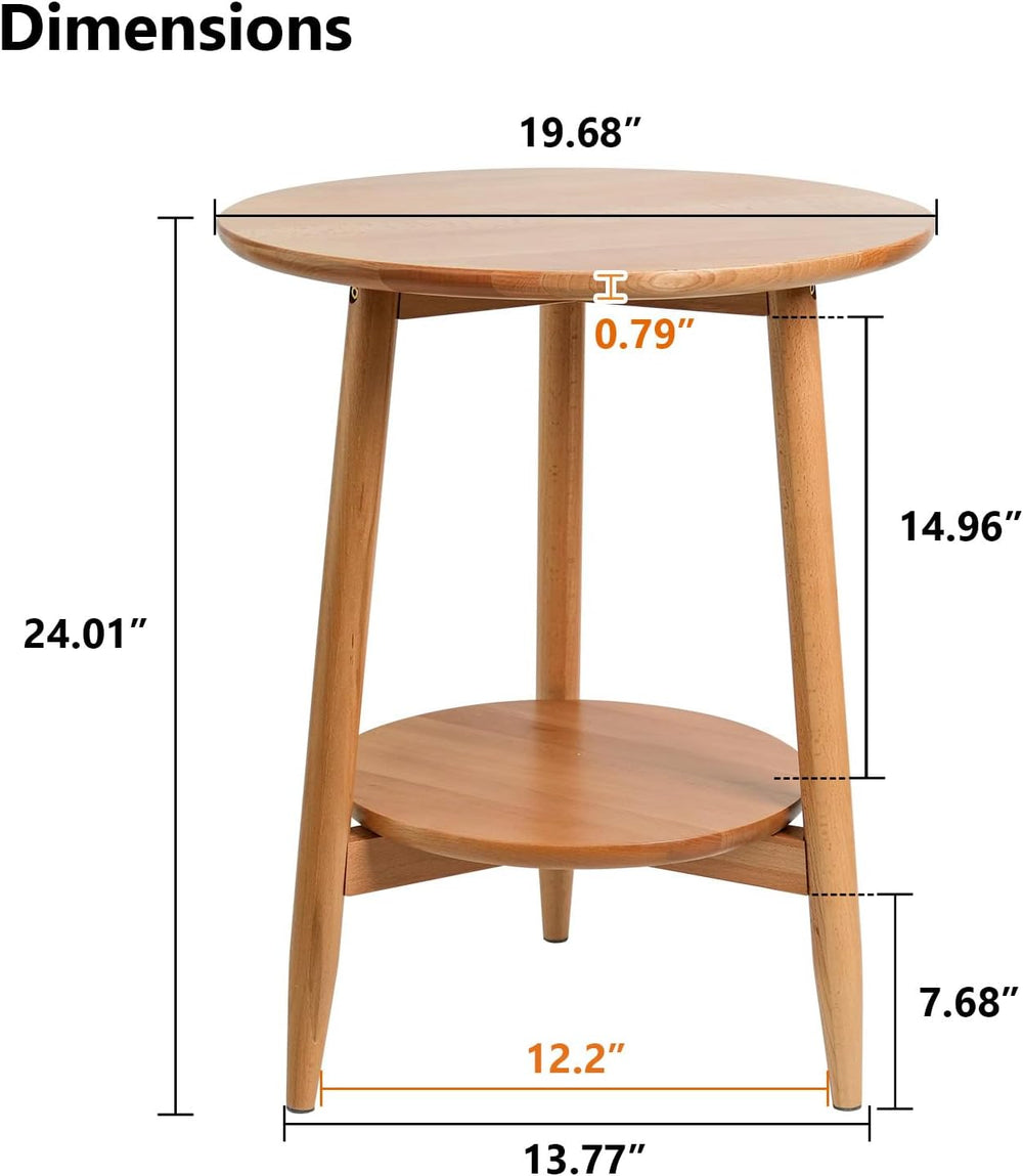 Side Table, Small Round End Table with 2-Tier Shelf, Solid Wood Nightstand fo...