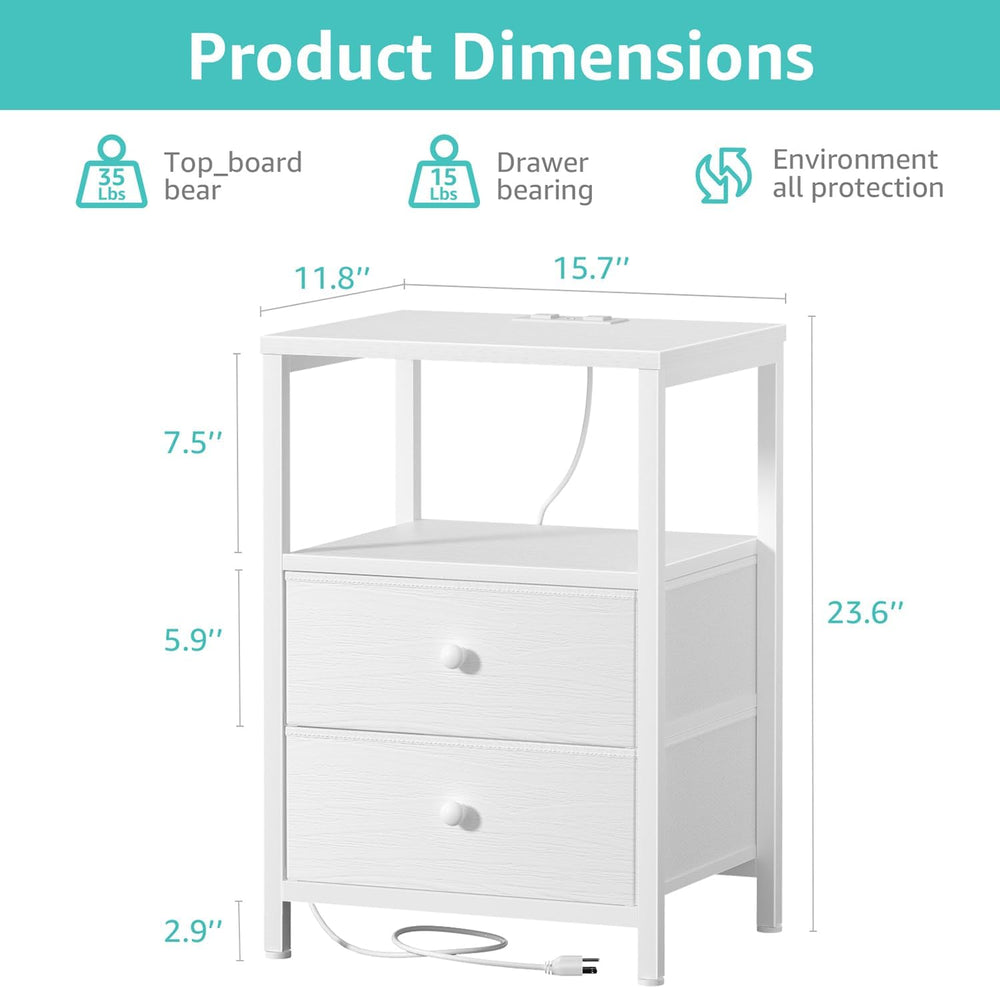 BOLUO White Nightstand with Charging Station, LED Night Stand with 2 Fabric D...