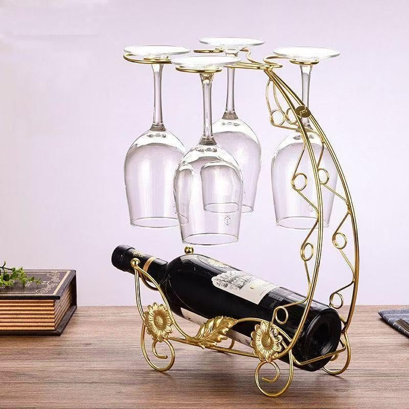Wine Rack with Glass Holder, Countertop Bottle Stand, Gold Metal with Floral ...